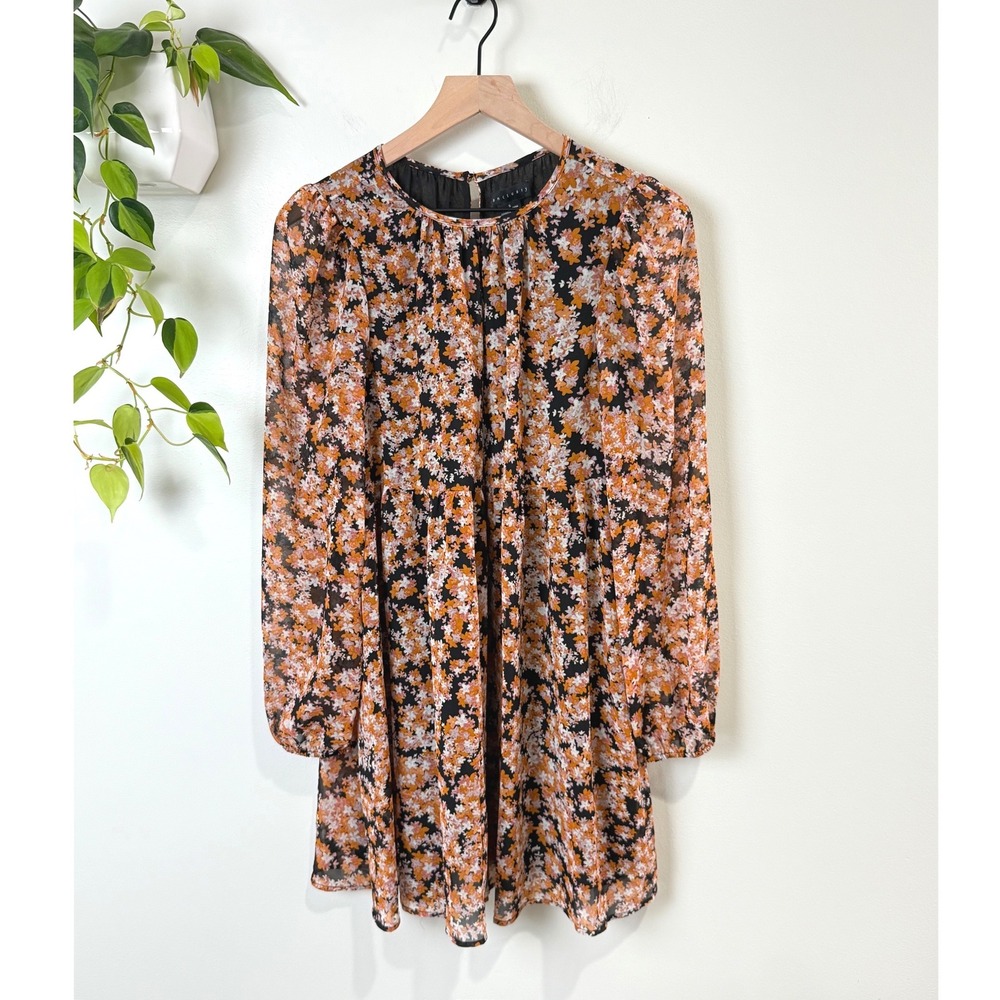 Sanctuary Floral Mini Dress Orange Black Long Sleeve Babydoll S Boho Romantic